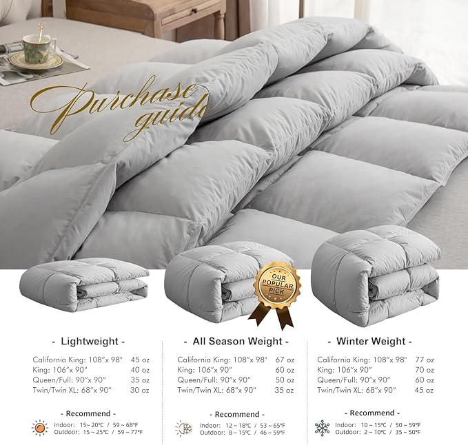 Royoliving King Size Feather Down Comforter Duvet Insert Grey - 100% Organic Cotton Shell - 750 Fill Power Hotel Collection with Corner Loops (106''×90'', 70oz)