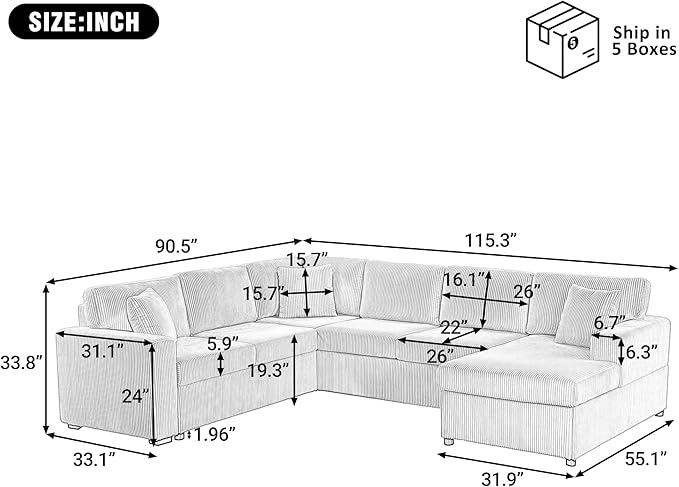 Eafurn Oversized U Shaped Modular Sectional Sofa, 115" Oversized Corduroy Upholstered Couch with Spacious Chaise Lounge & 3 Throw Pillows for Living Room, Apartment, Office