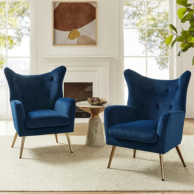 HULALA HOME Velvet Accent Chair Set of 2, Modern Wingback Arm Chair with Metal Gold Legs, Velvet Tufted Upholstered Single Sofa Chair (Navy)