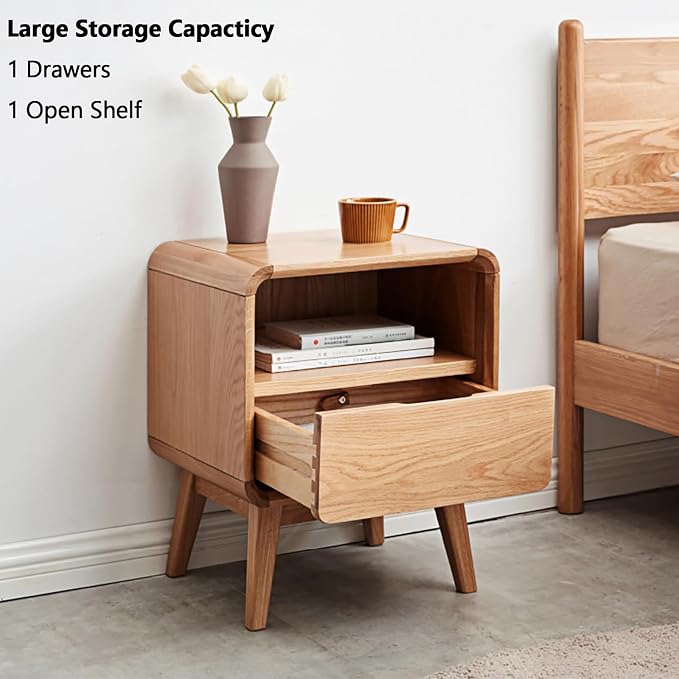 Solid Wood Nightstand Set of 2, Mid Century Modern Nightstands with Drawer, Small Nightstand with Open Storage, Small Bedside Table for Bedroom, Dormitory(Natural Wood Color) - Image 3
