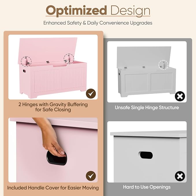 SUPER DEAL Storage Chest, 39 inches Chest Box Organizer with 2 Safety Hinges, Wooden Entryway Shoe Organizer Storage Bench, Pink - Image 7