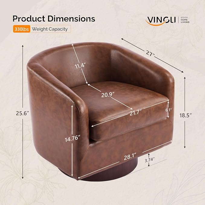 VINGLI 360°Swivel Accent Chair with Engineered Wood Base and Removable Cushion for Living Room, Bedroom, Curved Back Barrel Chair for Small Space, Upholstered Bucket Armchair, Pu-Brown