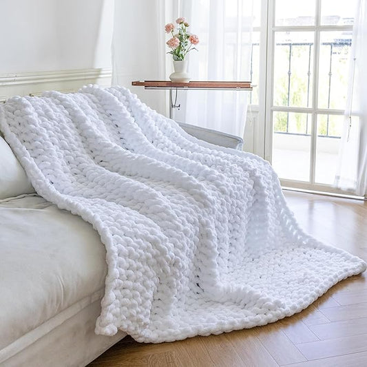 Chunky Knit Blanket - Luxury Soft Cozy 60 * 80 Throw Blanket,100% Woven Blanket Rope Knot Throw Blanket for Couch, Sofa, Home Decor, Gift - Machine Washable (White, 60 * 80)