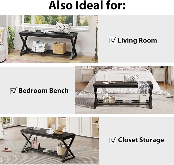 LVB Black Entryway Bench with Storage, Indoor Shoe Bench with Seating for Hallway, Accent Storage Bench for Living Room Bedroom, Simple Small Shoe Rack Benchs for Foyer Entrance, Black Oak, 39 inch - Image 7