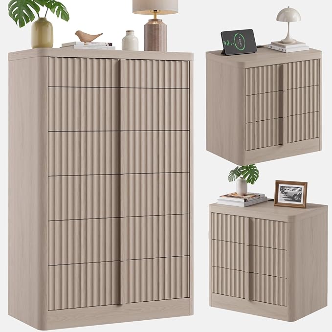 Fluted Dresser and Nightstand 3-Piece Bedroom Set, 49" Tall 6-Drawer Dresser and 2 of 3-Drawer Nightstands with Charging Station, Curved Profile Design, Modern Bedroom Dressers Sets, White Alder