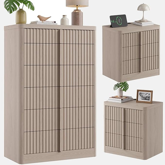 Fluted Dresser and Nightstand 3-Piece Bedroom Set, 49" Tall 6-Drawer Dresser and 2 of 3-Drawer Nightstands with Charging Station, Curved Profile Design, Modern Bedroom Dressers Sets, White Alder