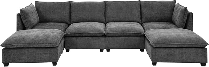 Flexible Combination Convertible Modular Sectional Sofa,140" Oversized U Shaped Cloud Couches with 2 Movable Ottomans,6-Seat Chenille Combination Sofa Set for Living Room | Layer Cushions