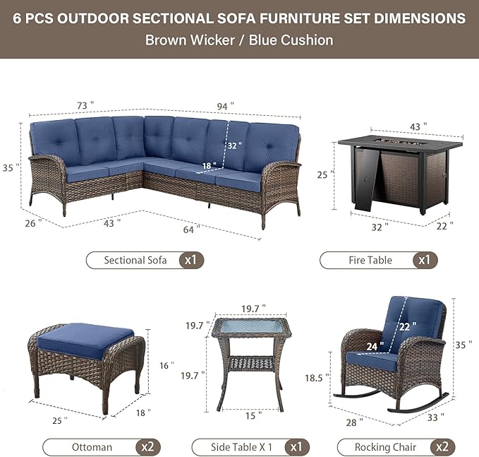 Belord 8 Pieces Patio Conversation Set with 43” Propane Fire Pit Table, Outdoor Sectional Furniture Sofa Set with Removable Blue Cushions for Patio Deck Backyard Brown
