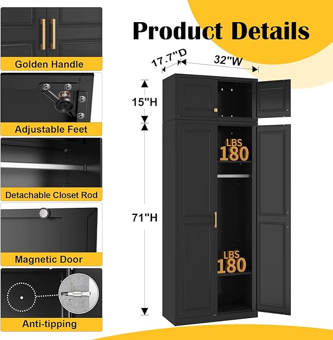 SteeLoong 86" Metal Armoire Wardrobe Closet with Doors,BlackTall Clothing Storage Cabinet with Adjustable Shelves and Hanging Rod,Wardrobe Closet for Bedroom,Home,Office,Gym
