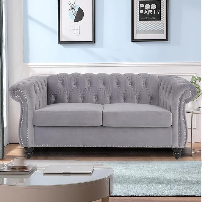 LEVNARY Velvet Sofa, Chesterfield Tufted Upholstered 2 Seater Couch, Modern Loveseat Couch Classic Furniture for Living Room Bedroom (Gray)
