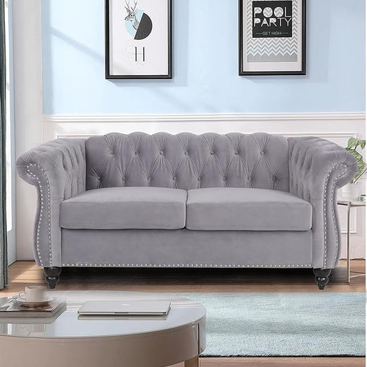 LEVNARY Velvet Sofa, Chesterfield Tufted Upholstered 2 Seater Couch, Modern Loveseat Couch Classic Furniture for Living Room Bedroom (Gray)