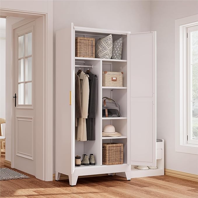 71" Tall Metal Armoire Wardrobe Closet with Hanging Rod and 3 Adjustable Shelves,White Storage Cabinet,Steel Wardrobe for Bedroom Garage Laundry Room Office Apartment Amployees,6 Tier 1 Pack