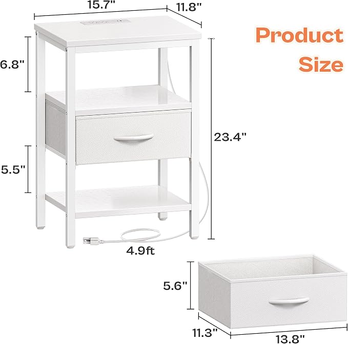 SUPERJARE Nightstand with Charging Station, Bed Side Table with Adjustable Fabric Drawer, Night Stand for Bedroom, 3-Tier Storage End Table, for Living Room, White - Image 8