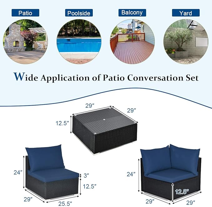 Tangkula 7 Piece Patio Furniture Set, Outdoor Sectional Sofa with 2 Pillows and Cushion Covers, Wicker Sofa Conversation Set with Coffee Table & Tempered Glass Top (Off White & Navy)