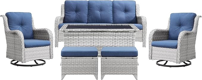 Wicker Patio Furniture Set: 6 Piece Outdoor Conversation Sets with Swivel Rocker Chairs, Patio Couch, Ottomans and Coffee Table for Porch Balcony Garden, Light Grey