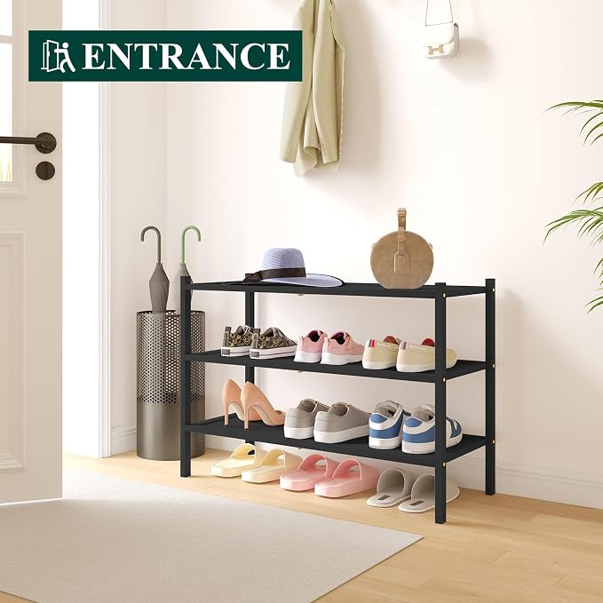 Smiry Bamboo Shoe Rack, 3 Tier Shoe Organizer for Entryway & Closet, Stackable Free Standing Storage Shelf for Shoes, Bags & Plants, Black - Image 6