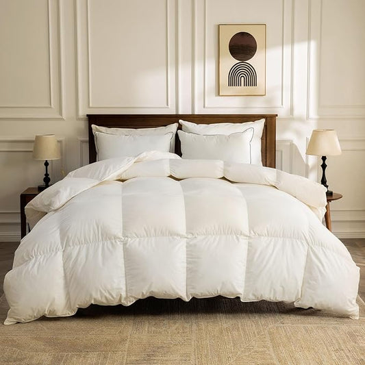 BPC Feather Down Comforter King Size, Hotel-Luxury Fluffy Duvet Insert with Organic Cotton Cover and Puffy Feather Down Filling for All-Season, Ivory White, 106x90 Inches