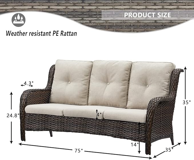 HUMMUH 7 Pieces Patio Furniture Set with Fire Pit Table Outdoor Conversation Set PE Wicker Patio Couch Swivel Glider Chairs Ottomans for Balcony Garden,Lawn,Deck