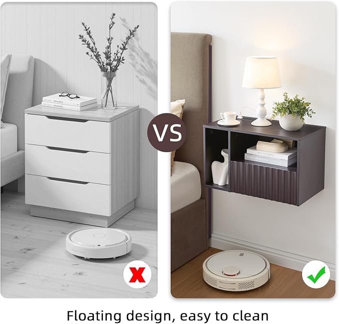 BuildHom Modern Espresso Fluted Floating Nightstand with Charging Station, NightStand with Drawers, Bedside with USB Ports and Outlets, Bedroom Furniture (Set of 2) - Image 4