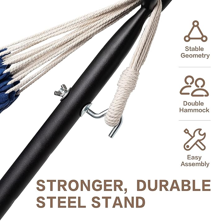 PNAEUT Double Hammocks with Stand for Outside, Portable Space Saving Heavy-Duty Steel Stand for Indoor Outdoor Patio with Carrying Bag, 450 lbs Capacity (Navy) - Image 5