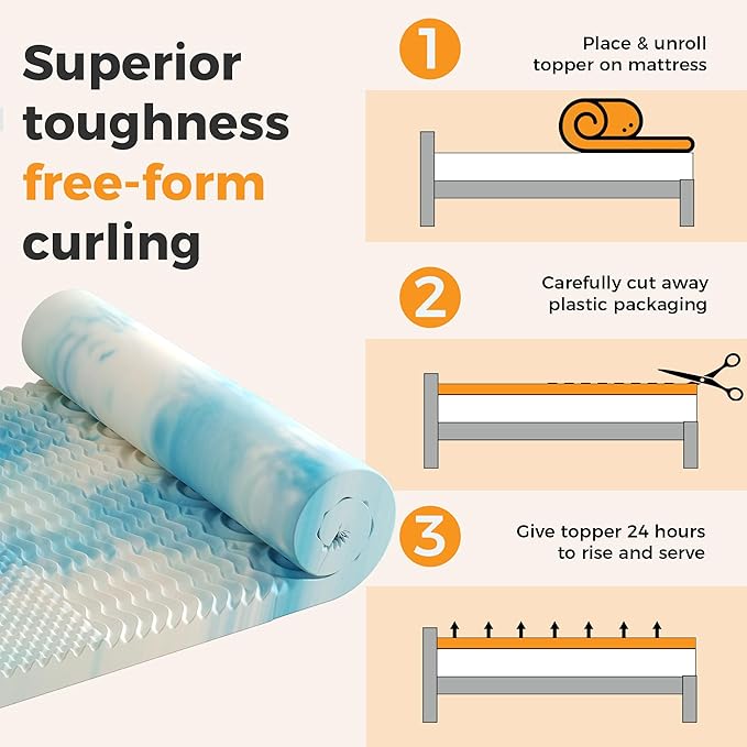 3 Inch 5-Zone Cooling Gel Memory Foam Mattress Topper Full, Pressure Relief for Back & Hip Pain, Soft Reversible Pad for Dorm RV Camping, CertiPUR-US Certified, Blue