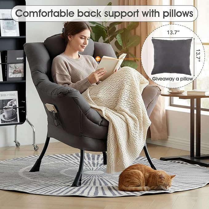 Lazy Chair for Living Room, Large Dark Grey Accent Chair with a Throw Pillow, Leisure Sofa Chair Set, Comfy Reading Chair for Bedroom, Dorm Room, Office