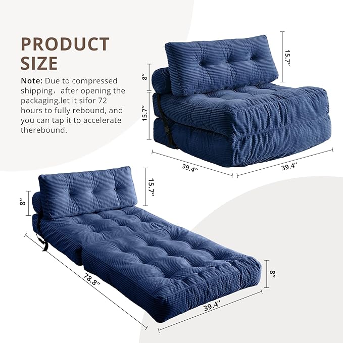 Folding Sofa Bed, Convertible Sleeper Chair with Pillow, Foldable Mattress with Back Support, Portable Floor Sofa Lounge for Living Room Bedroom Dorm