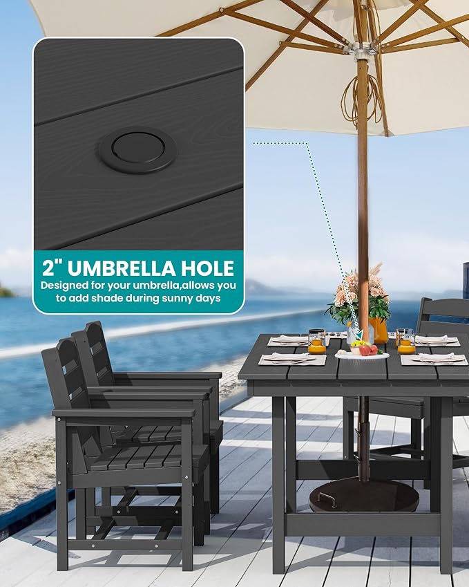 SERWALL 7-Piece Patio Dining Table Sets, Outdoor HDPE Dining Furniture Set with Umbrella Hole Cut-Out Table and 6 Chairs, Black - Image 3