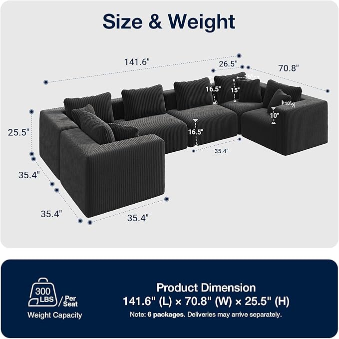 Avenco 141” 6-Seat Modular Sectional Sofa, Individually Wrapped Coil Support & Corduroy Fabric, Zero Assembly 6-Piece Set for Large Living Room, Black