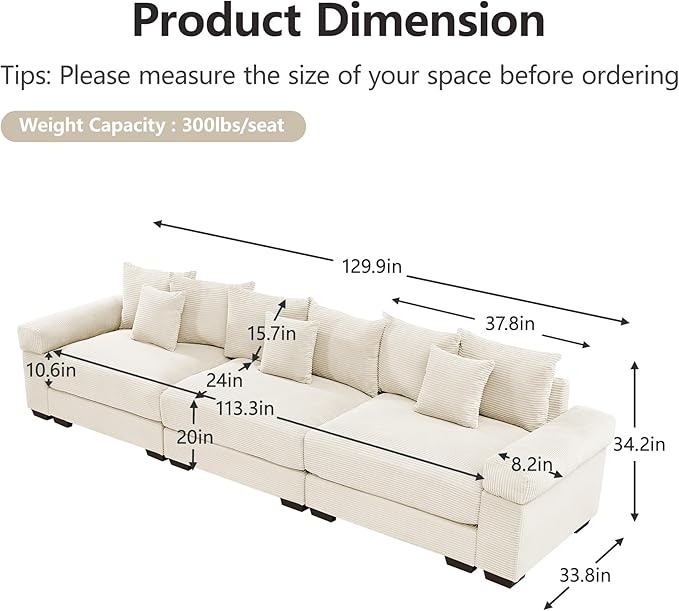 KEIKI 130" Oversized Corduroy Modular Cloud Sectional Sofa with High-Density Foam Cushions, Extra-Thick Armrest, Upholstered Modern 3-Seater Fluffy Corner Couch with 9 Pillow, for Living Room, Beige