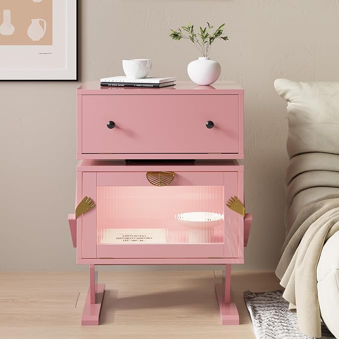 RoyalCraft Large Nightstand with LED Lighs, Pink End Table with 360°Rotating Drawer, Modern Bedside Table with Storage, Wood Night Stand for Bedroom, Home Office, Pink - Image 6