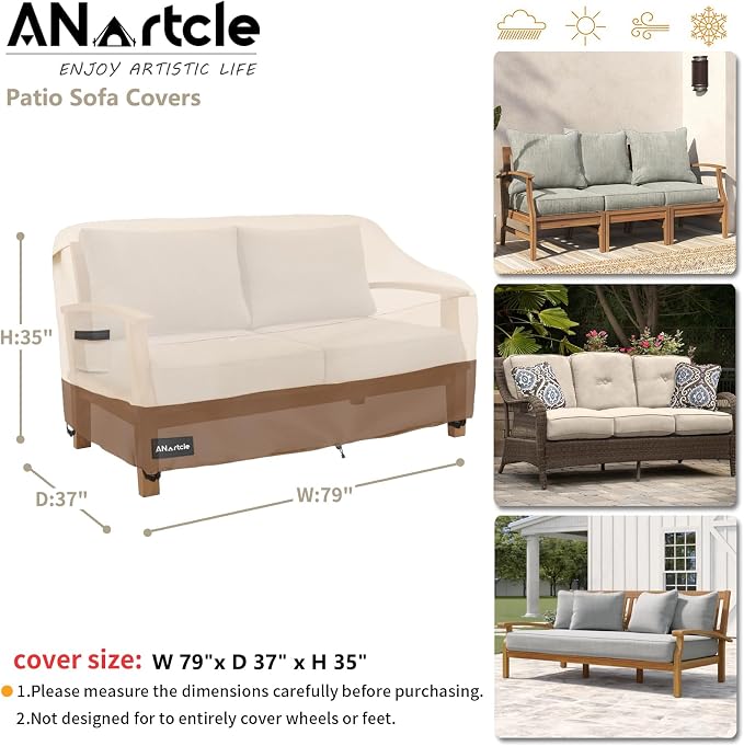 ANartcle 3-Seater Patio Sofa Cover,79W x 37D x 35H Inches Outdoor Couch Cover,100% Waterproof Heavy Duty Patio Sofa Covers,Patio Furniture Covers,Beige&Brown - Image 3