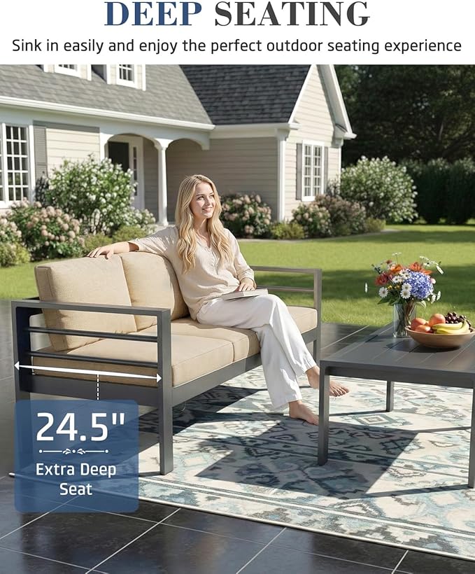 AECOJOY Aluminum Patio Furniture Loveseat, Modern Outdoor Furniture with Washable 5 inch Thick Cushion, Beige