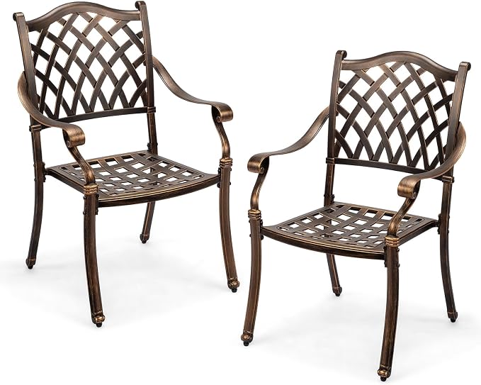 VINGLI Patio Chairs Set of 2 - Stackable Outdoor Cast Aluminum Dining Chairs with Vintage Bronze Finish and Diamond Pattern, Metal Armchairs for Poolside, Backyard, Balcony (No Cushion) by VINGLI