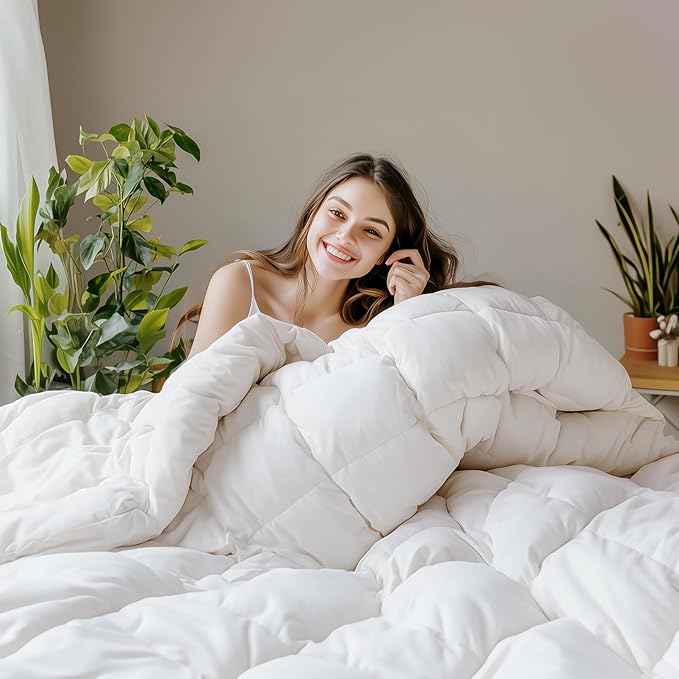SANSWAN Queen Size Winter Goose Down Feather Comforter, Breathable Heavyweight Hotel Duvet Insert, 100% Organic Cotton Cover, Ultra Soft & Warm, 90x90 Inch, White