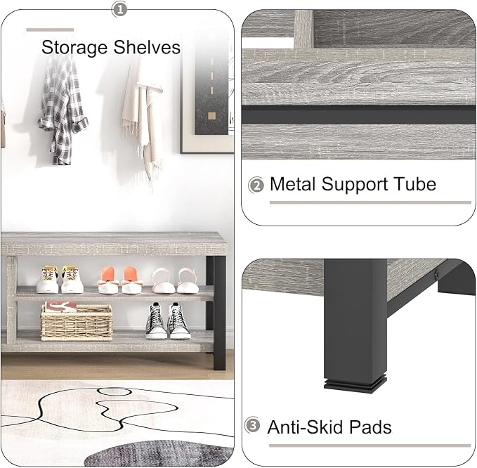FOLUBAN Shoe Storage Bench, Rustic Wood Entryway Bench for Hallway Entrance, Vintage Indoor Bench with Shoe Storage and Seating for Bedroom Living Room, Light Grey, 47 Inch - Image 5