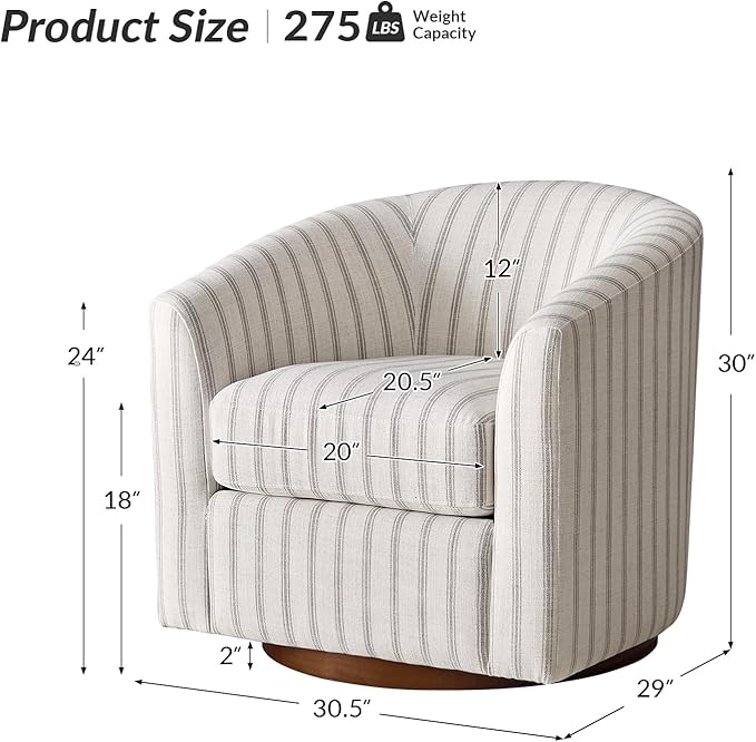 HULALA HOME Modern Swivel Accent Chair with Solid Wood Base, Round Swivel Barrel Chair with Striped Pattern, No Assembly Required, Stripe