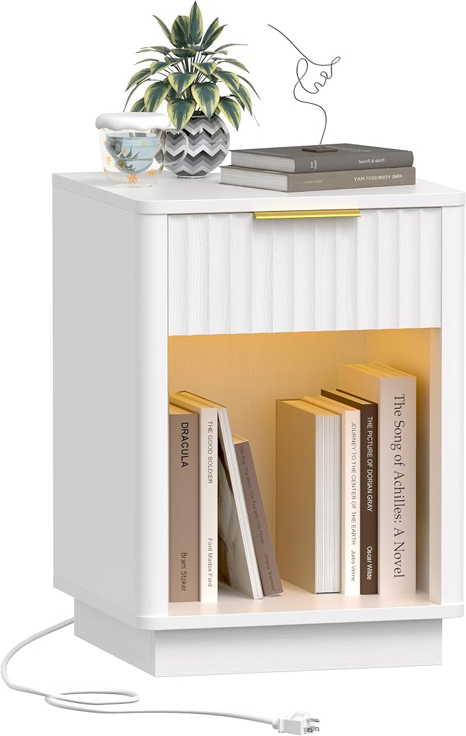 Akxomel Fluted Nightstand, Wooden Night Stand with Charging Station and LED Light, Modern Mid Century End Table with Drawer, 15" D x 15.7" W x 22.6" H, for Bedroom, White by Akxomel