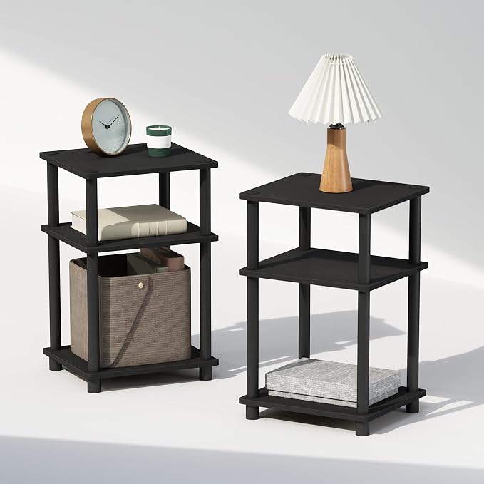 Furinno Just 3-Tier Turn-N-Tube Open Storage Nightstand, 2-Pack, Plastic Poles, Americano/Black by Furinno-FitsYourSpaceFitsYourBudget