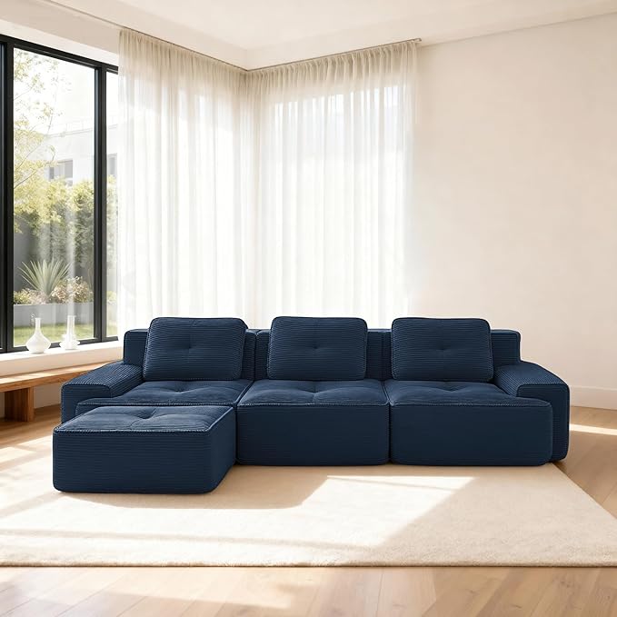 Casaphoria 115'' Boneless Sofa with Ottoman, 3-Seater Modular Couch with 3 Pillows for Living Room, L Shape Cloud Sectional Sofa, No Assembly, Blue