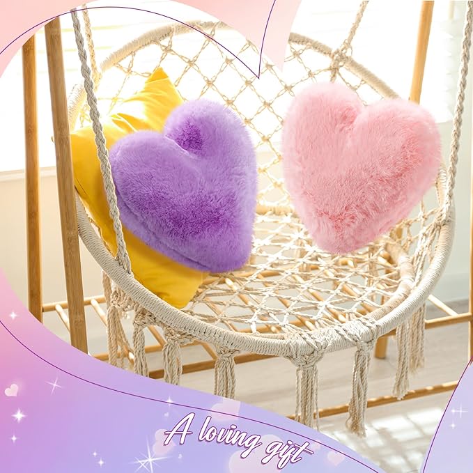 Marsui 2 Pcs Heart Throw Pillows, Soft Fluffy Faux Fur Decorative Hearts Shaped Pillows for Living Room Sofa Bed, Cute Heart Themed Gift for Women(Pink, Purple,11.81 x 11.02 Inch)