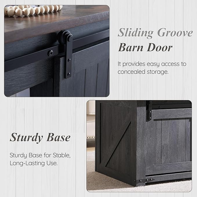 48" Lift Top Coffee Table, Farmhouse Cocktai with Sliding Groove Barn Door, Rustic Wood Center Table w/Double Storage Spaces for Living Room, Dark Grey