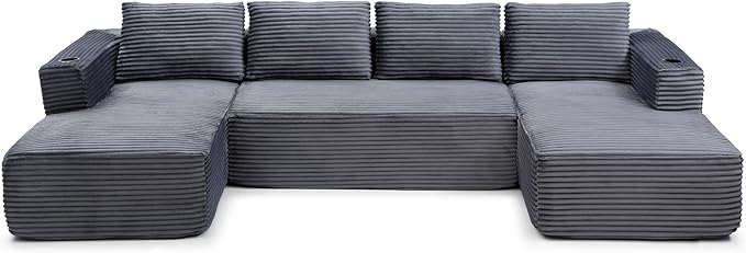 132-Inch U-Shaped Cloud Sectional Couch, Symmetrical Modular Compressed Boneless Sectional Sofa with Chaise Lounges, Plush Corduroy Boneless Corner Sofa W/Cupholders