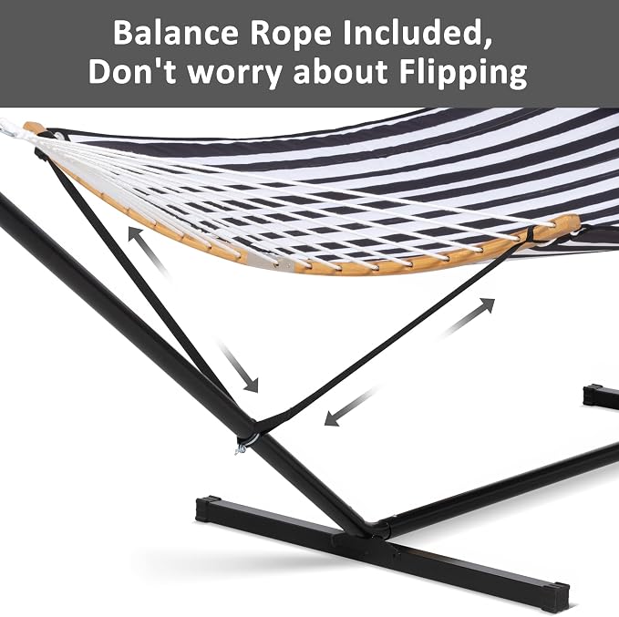 SUNCREAT Hammocks Extra Large Hammock with Stand Included, Double Hammock with Curved Spreader Bar, Black Stripes - Image 7