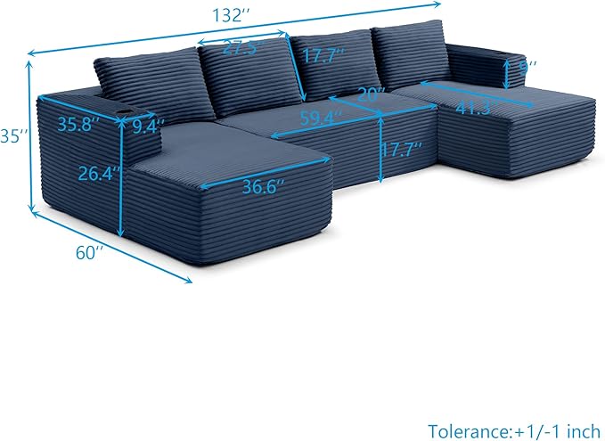 132-Inch U-Shaped Cloud Sectional Couch, Symmetrical Modular Compressed Boneless Sectional Sofa with Chaise Lounges, Plush Corduroy Boneless Corner Sofa W/Cupholders
