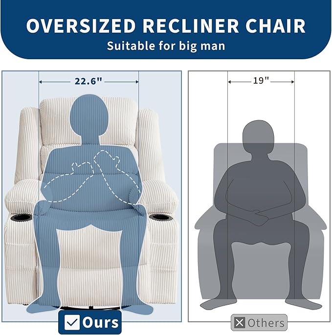 Rocking Recliner Chair for Adults Wide 360° Swivel Rocker Recliner with Cup Holder Nursery Glider with Upholstered Deep Seat Corduroy Lazy boy Chair for Living Room Beige