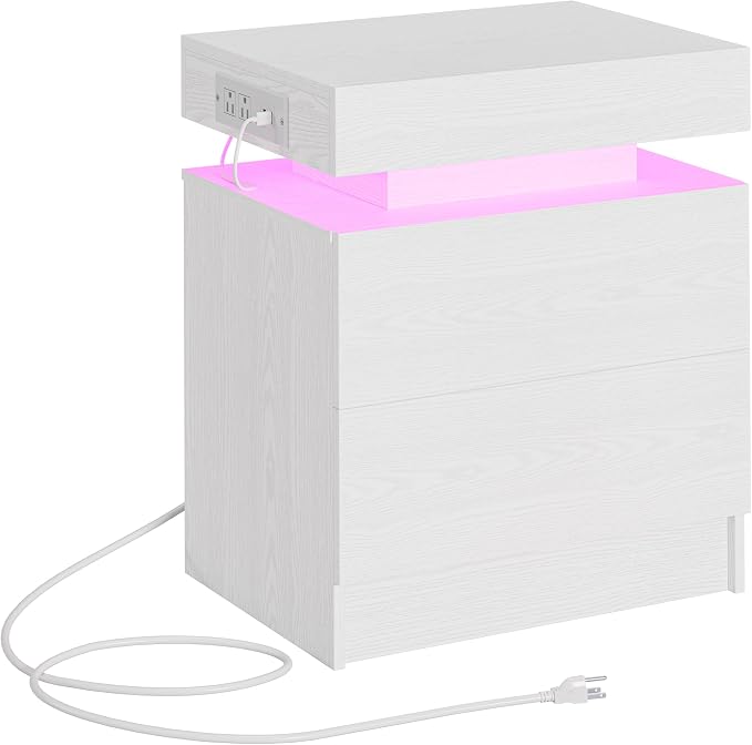 LIKIMIO Night Stand with Charging Station, Modern White Nightstand with LED Light and Drawers, Bedside Tables/End Table for Bedroom by LIKIMIO