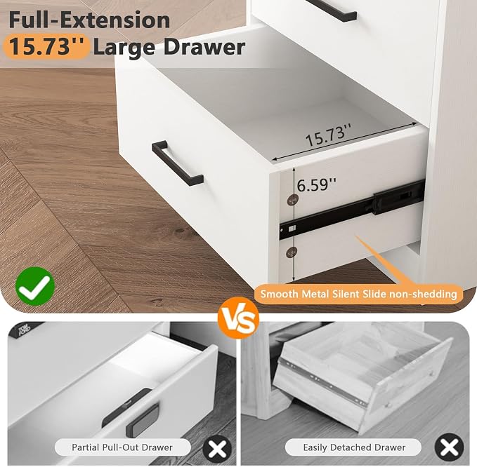 Night Stand with Charger Station, Modern Nightstand with USB Type-C Ports and AC Outlets, Large Bedside Table with 2 Drawers and Open Storage, Wooden End Table for Bedroom (White, 2 Drawers) - Image 5