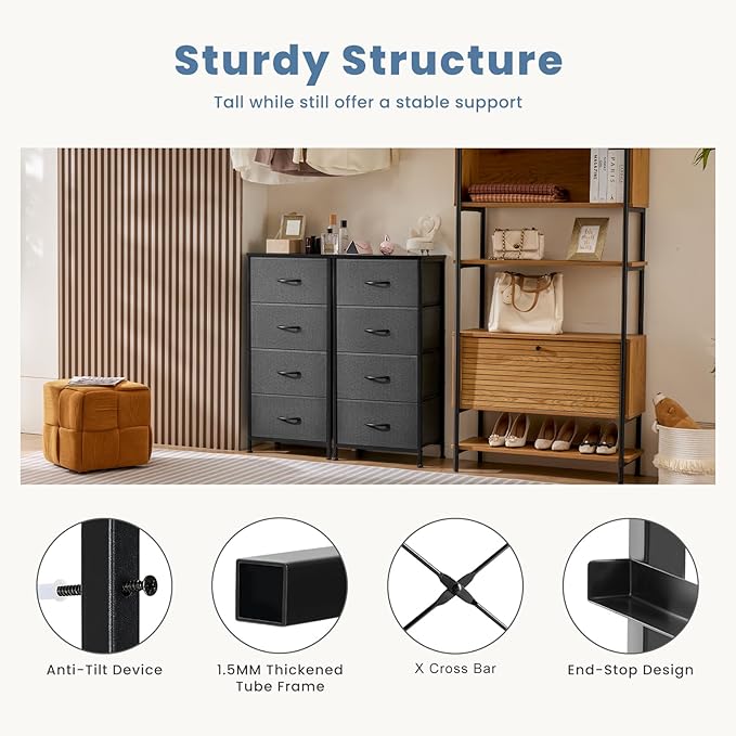 Simple Deluxe 4 Drawer Dresser, Fabric Storage Tower Organizer with Sturdy Steel Frame and Wood Top, Easy Pull Handles, for Bedroom, Entryway, Hallway, Grey