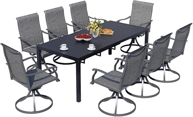 MEOOEM Expandable Patio Dining Set for 8, Modern 8 Seat Outdoor Dining Table Set with Swivel Chairs 450LBS, All Weather Heavy Duty 9 Piece Outdoor Dining Set for Outside, Garden, Backyard, Grey by MEOOEM